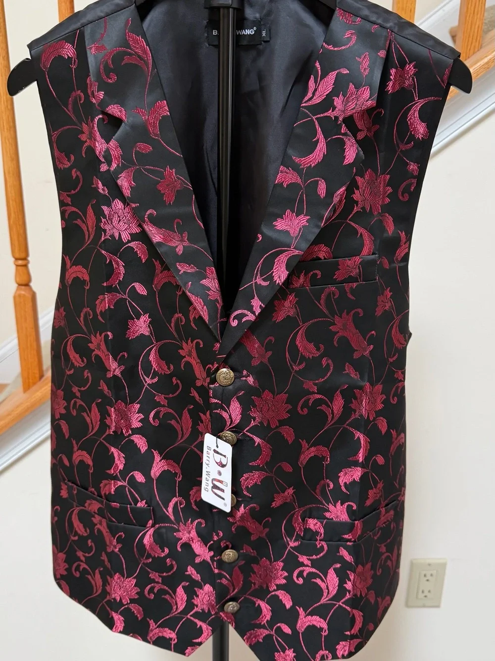 Black and Pink Floral Jacquard Vest - Brand: